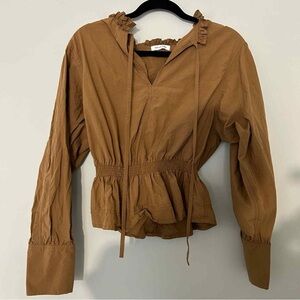 Rebecca Taylor Chocolate Brown Smocked Waist Ruffle Long Sleeve Cotton Blouse XS